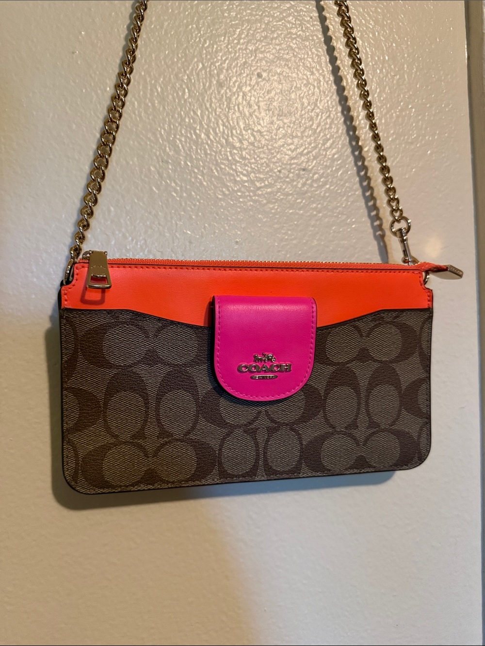 Coach Brown Signature Canvas Crossbody with Neon Orange & Green Trim & Pink Flap